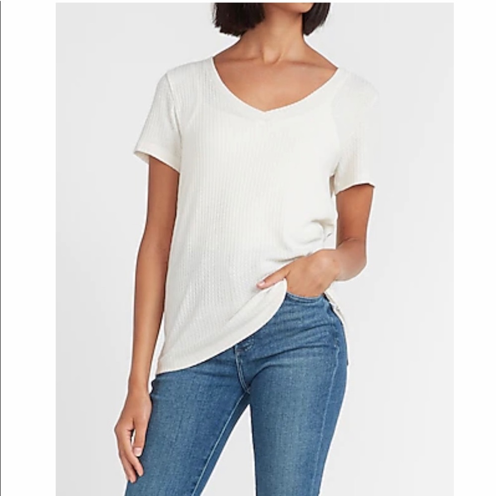 Express Ivory Waffle Knit V-Neck Easy Tee